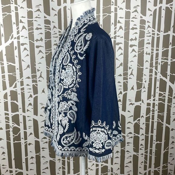 Soft Surroundings Mesaria Boho Embroidered Chambray Denim Fringe Trim Jacket XL - Picture 13 of 16